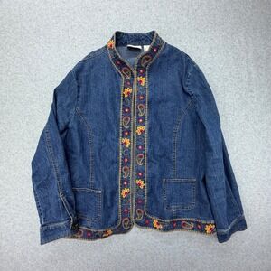 Alfred Dunner Womens 18 Blue Denim Embroidered Open Front Jacket Floral Paisley
